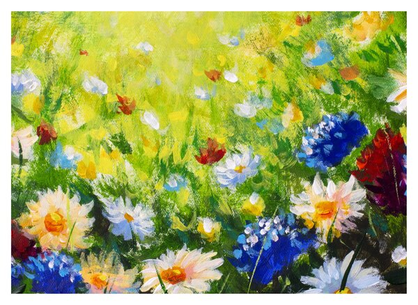 Sklenený obraz rozkvitnutej lúky, olejomaľba (70x50 cm)