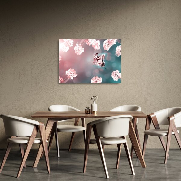 Sklenený obraz - Motýľ medzi kvetmi (70x50 cm)