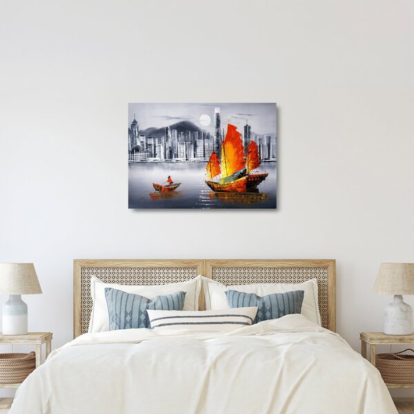 Sklenený obraz - Victoria Harbor, Hong Kong, čiernobiela olejomaľba (70x50 cm)