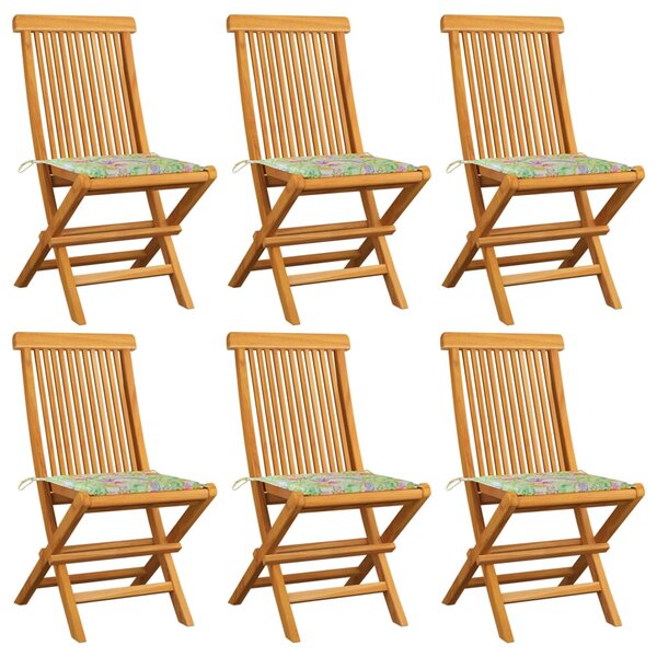Záhradné stoličky+podložky, vzor s listami 6 ks, tíkový masív