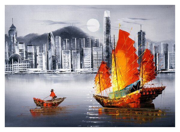 Sklenený obraz - Victoria Harbor, Hong Kong, čiernobiela olejomaľba (70x50 cm)