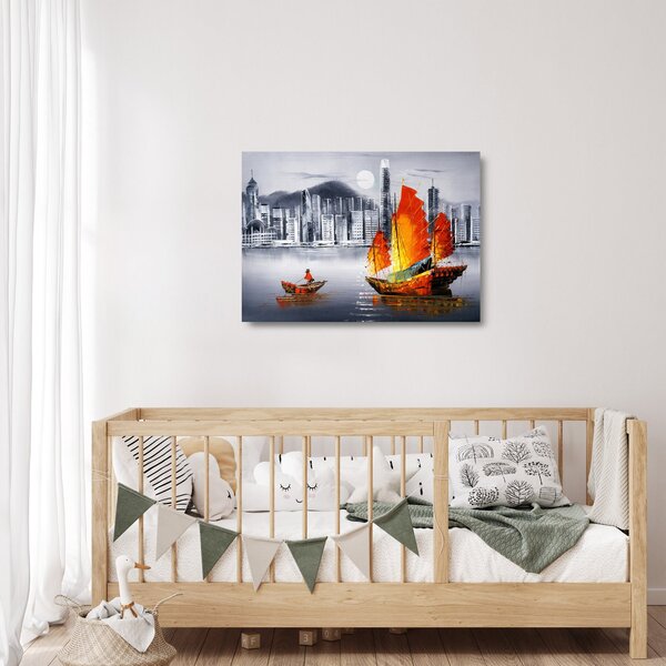 Sklenený obraz - Victoria Harbor, Hong Kong, čiernobiela olejomaľba (70x50 cm)
