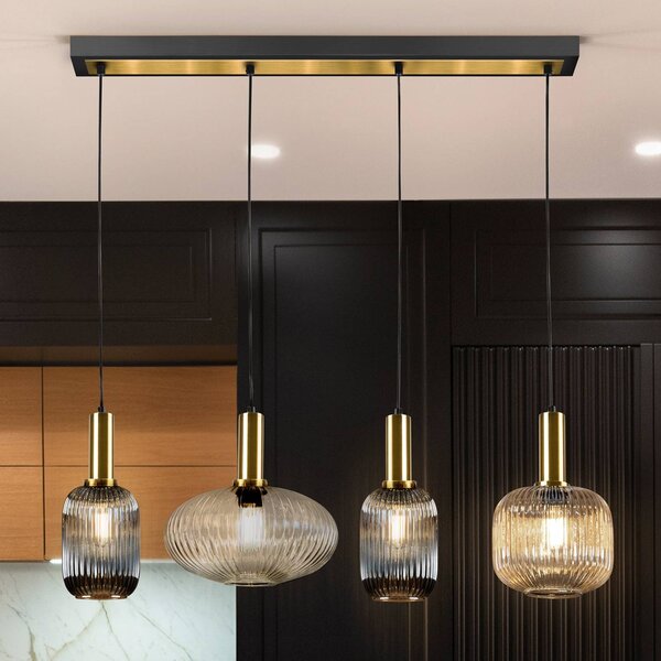Závesná lampa Norma, 98 cm, 4 svetlá, čierna/mosadz, sklo, Viacfarebné, Obývacia izba / jedáleň, kov, Závesné svietidlo