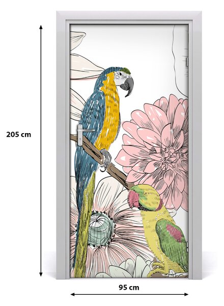 Samolepiace fototapety na dvere Papagáje a kvety 95x205 cm