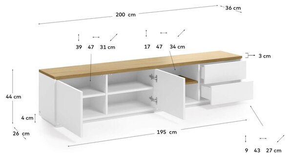 MUZZA TV stolík lenbia 200 x 43,6 cm biely
