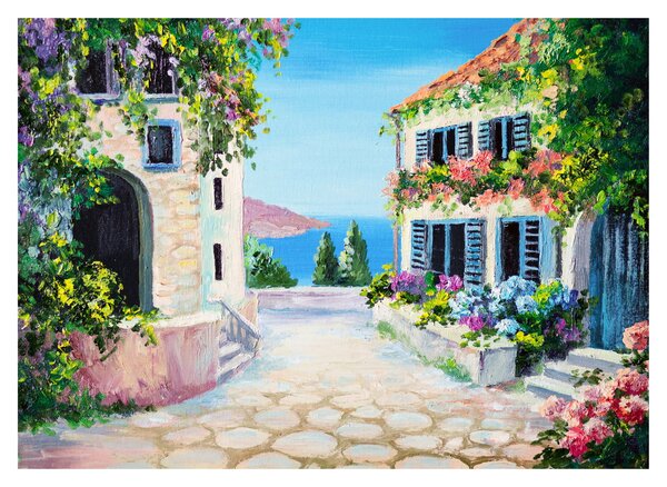 Sklenený obraz - Grécka ulička, olejomaľba (70x50 cm)