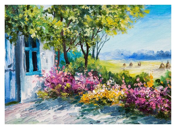 Sklenený obraz záhradky pred domom, olejomaľba (70x50 cm)