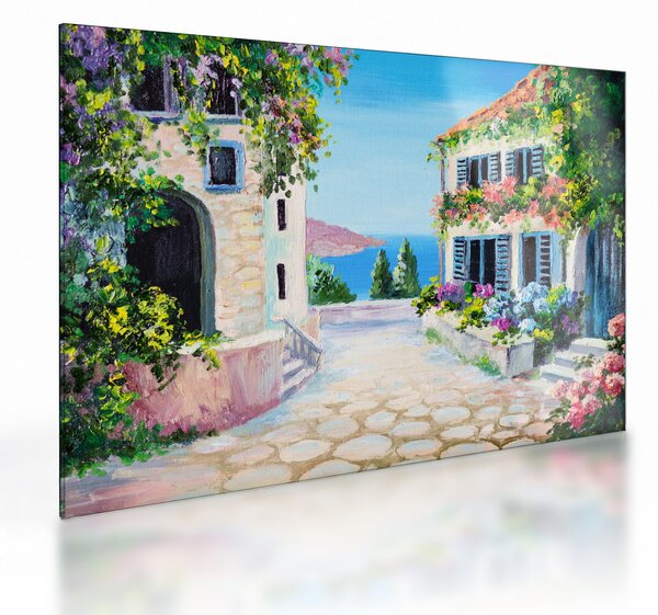 Sklenený obraz - Grécka ulička, olejomaľba (70x50 cm)