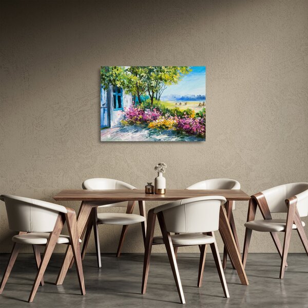 Sklenený obraz záhradky pred domom, olejomaľba (70x50 cm)