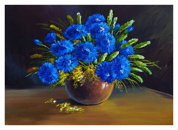 Sklenený obraz modrých kvetov vo váze (70x50 cm)