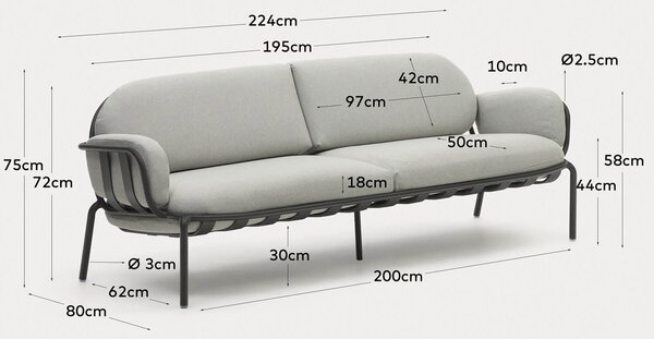MUZZA Záhradná trojmiestna pohovka colnos 224 cm sivá