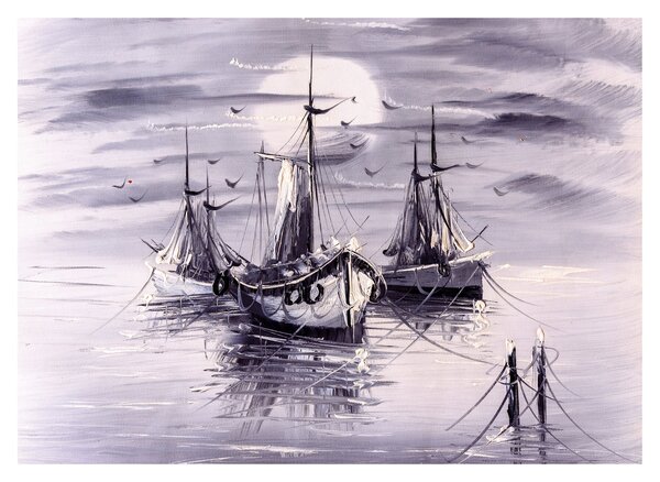 Sklenený obraz - Prístav, olejomaľba (70x50 cm)