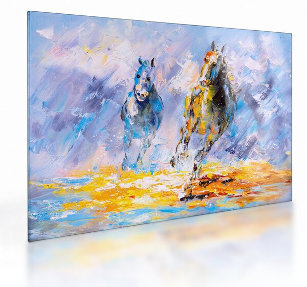 Sklenený obraz bežiacich koňov, olejomaľba (70x50 cm)