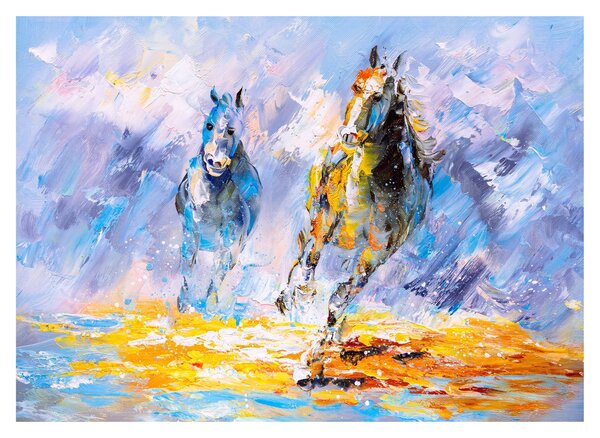 Sklenený obraz bežiacich koňov, olejomaľba (70x50 cm)