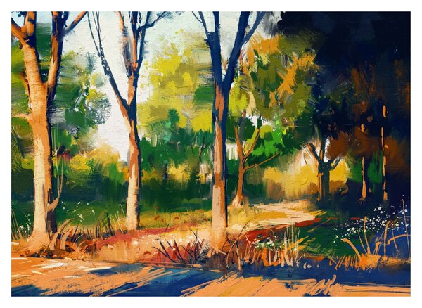 Sklenený obraz lesa v letnom slnku, maľba (70x50 cm)