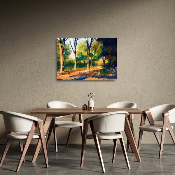 Sklenený obraz lesa v letnom slnku, maľba (70x50 cm)