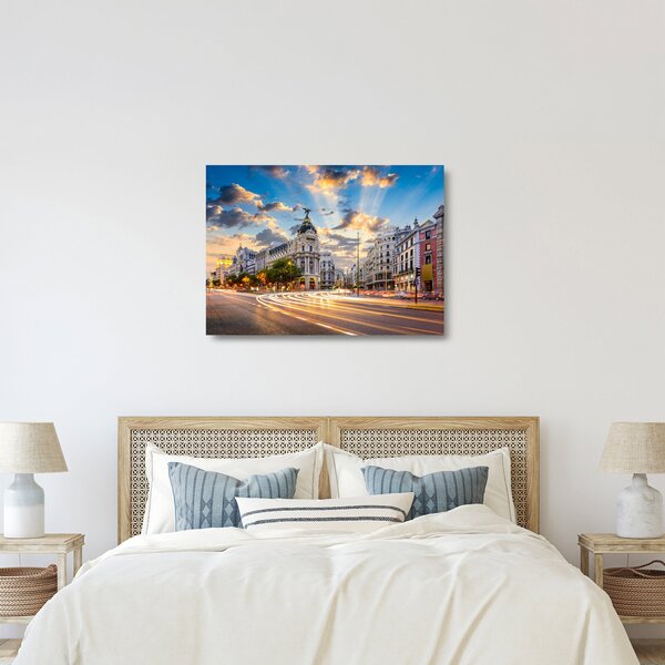 Sklenený obraz - Calle Gran Vía, Madrid, Španielsko (70x50 cm)