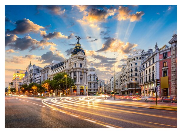 Sklenený obraz - Calle Gran Vía, Madrid, Španielsko (70x50 cm)