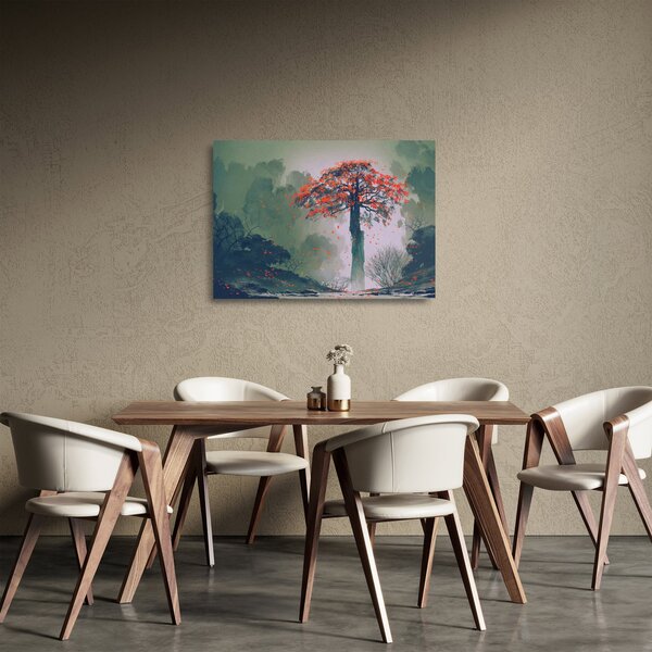 Sklenený obraz osamoteného červeného stromu (70x50 cm)