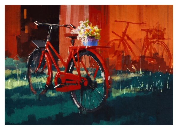 Sklenený obraz červeného kolesa, akrylová maľba (70x50 cm)