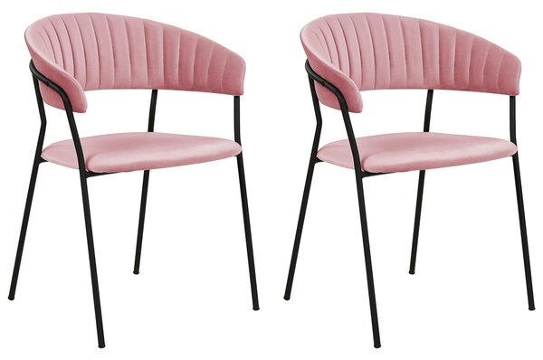 Sada 2 jedálenských stoličiek ružové zamatové čalúnenie čierne kovové nohy s opierkami na ruky zaoblené operadlo moderný dizajn