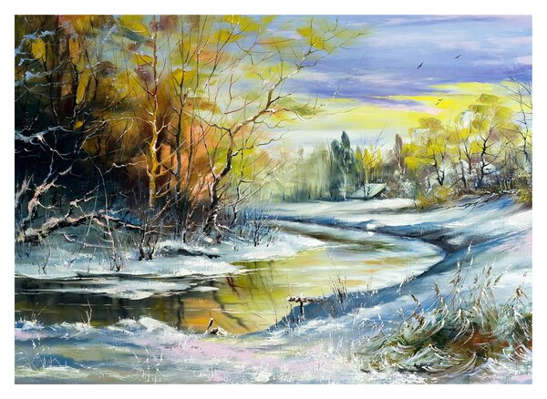 Sklenený obraz zimnej rieky, olejomaľba (70x50 cm)
