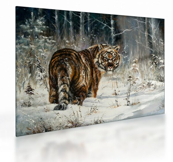 Sklenený obraz - Tiger v zasneženom lese, olejomaľba (70x50 cm)