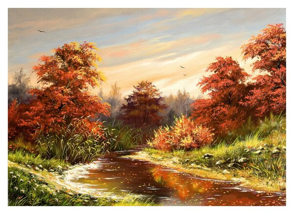Sklenený obraz rieky v jesennej krajine, olejomaľba (70x50 cm)