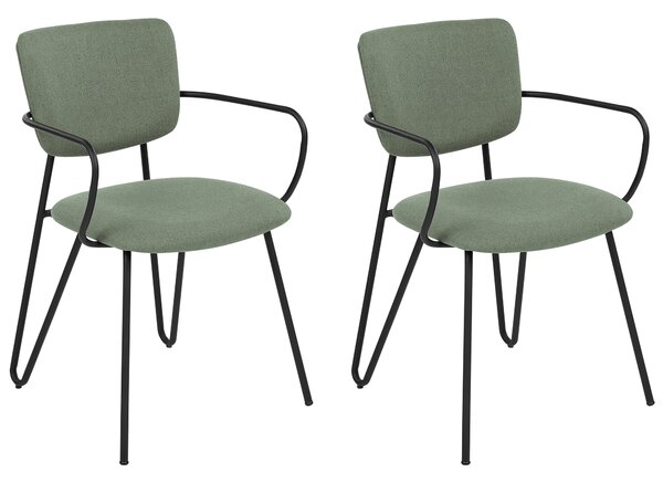 Sada 2 jedálenských stoličiek tmavozelená polyesterové látkové čalúnenie čierne kovové nohy zaoblené operadlo moderný dizajn