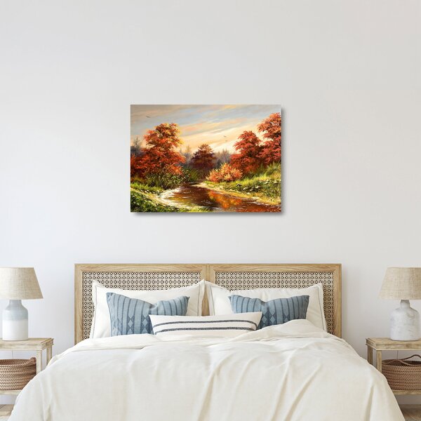 Sklenený obraz rieky v jesennej krajine, olejomaľba (70x50 cm)