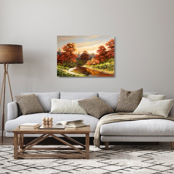 Sklenený obraz rieky v jesennej krajine, olejomaľba (70x50 cm)