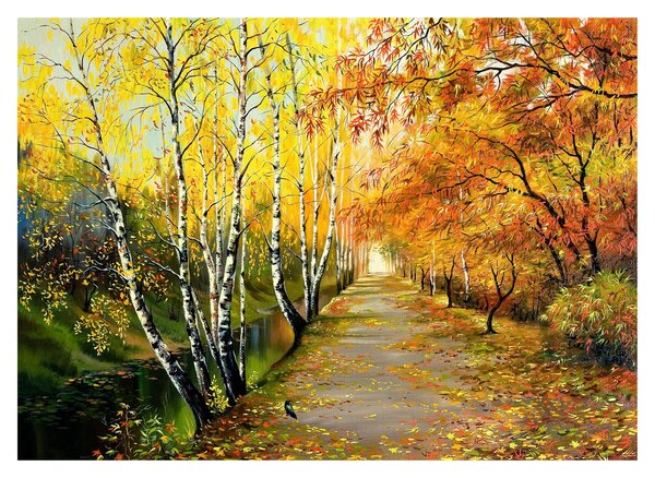 Sklenený obraz - Romantická alej pozdĺž vody, olejomaľba (70x50 cm)
