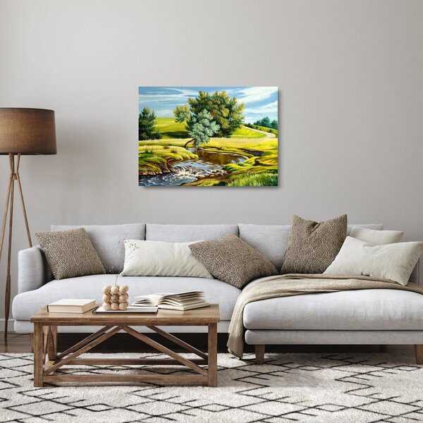 Sklenený obraz - Rieka medzi lúkami, olejomaľba (70x50 cm)