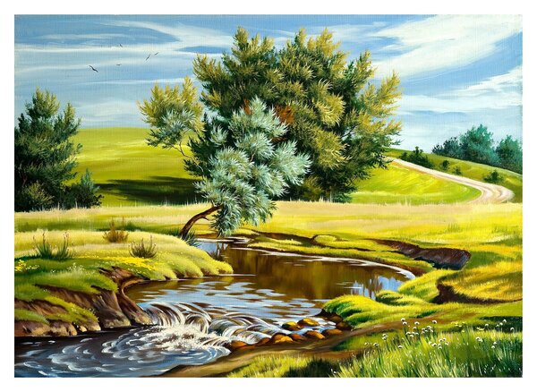 Sklenený obraz - Rieka medzi lúkami, olejomaľba (70x50 cm)