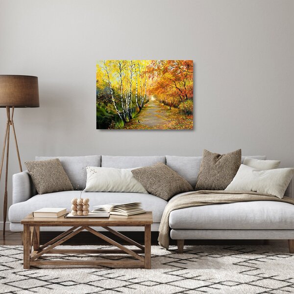 Sklenený obraz - Romantická alej pozdĺž vody, olejomaľba (70x50 cm)