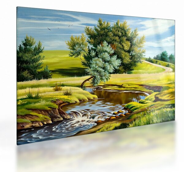 Sklenený obraz - Rieka medzi lúkami, olejomaľba (70x50 cm)