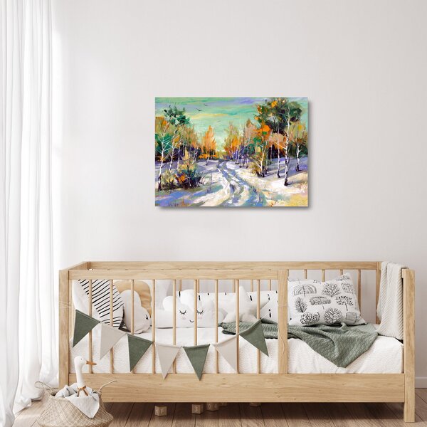 Sklenený obraz - Zasnežená cesta lesom, olejomaľba (70x50 cm)