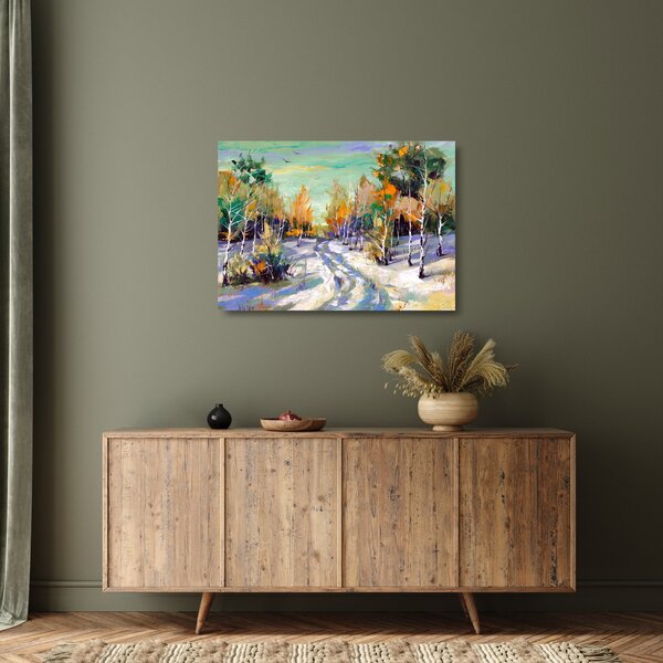 Sklenený obraz - Zasnežená cesta lesom, olejomaľba (70x50 cm)