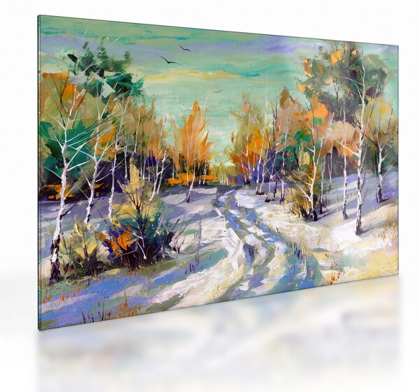 Sklenený obraz - Zasnežená cesta lesom, olejomaľba (70x50 cm)
