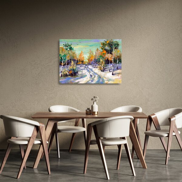 Sklenený obraz - Zasnežená cesta lesom, olejomaľba (70x50 cm)