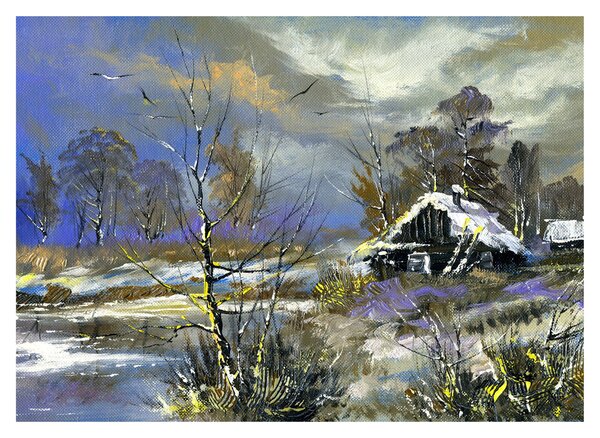 Sklenený obraz chalúpky v zimnej krajine, olejomaľba (70x50 cm)