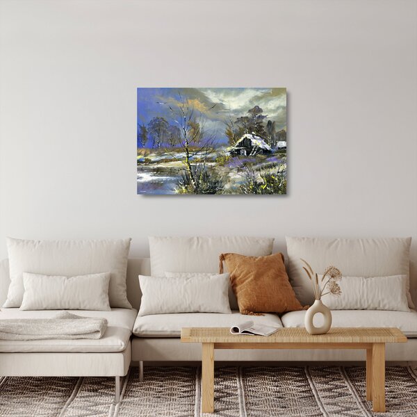 Sklenený obraz chalúpky v zimnej krajine, olejomaľba (70x50 cm)