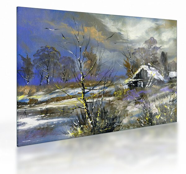 Sklenený obraz chalúpky v zimnej krajine, olejomaľba (70x50 cm)