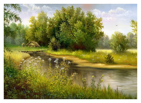 Sklenený obraz - Rieka pri lese, olejomaľba (70x50 cm)