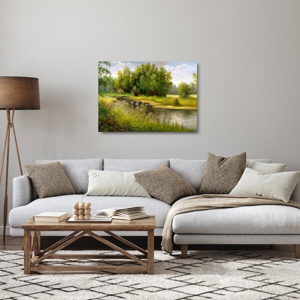 Sklenený obraz - Rieka pri lese, olejomaľba (70x50 cm)