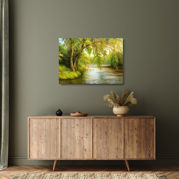 Sklenený obraz - Vŕba pri jazere, olejomaľba (70x50 cm)