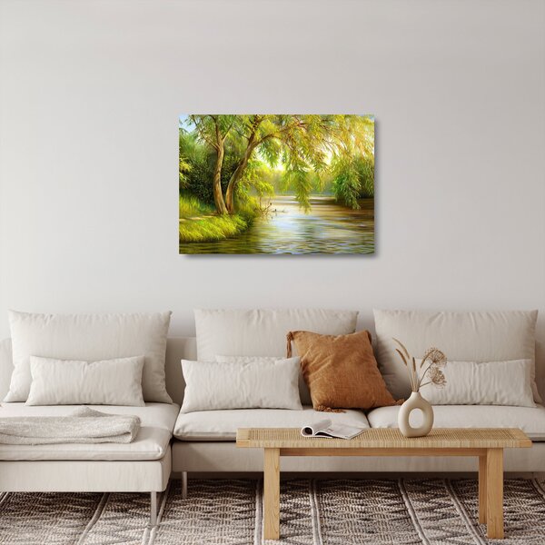Sklenený obraz - Vŕba pri jazere, olejomaľba (70x50 cm)