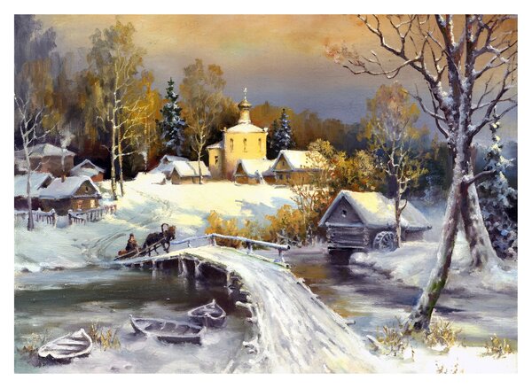 Sklenený obraz - Zimné mestečko (70x50 cm)