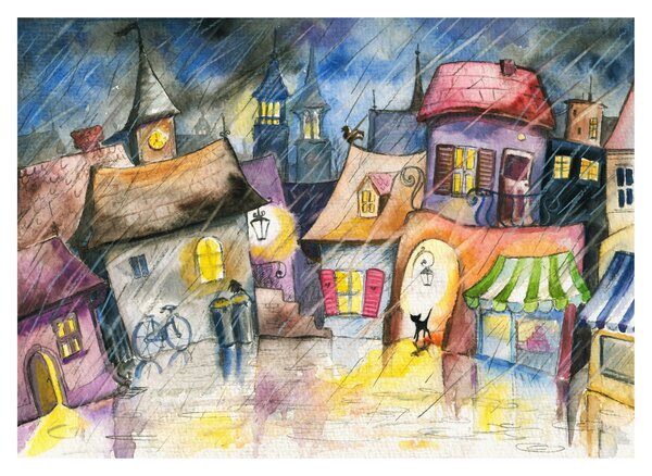 Sklenený obraz - Daždivý večer (70x50 cm)