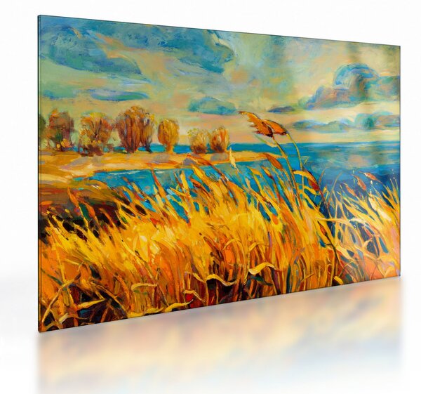 Sklenený obraz - Západajúce slnko nad jazerom, akrylová maľba (70x50 cm)